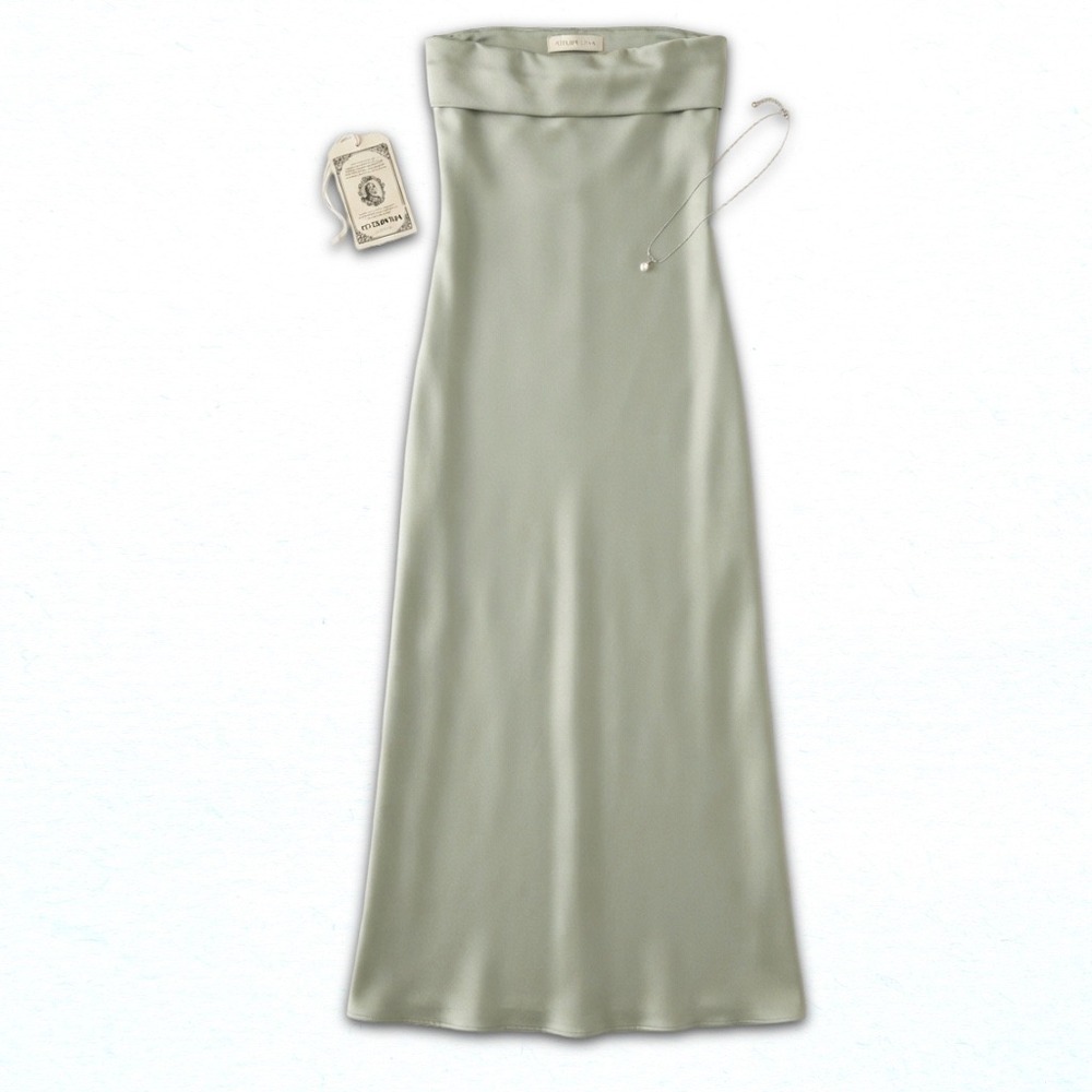Unbranded Light Green Strapless Satin Maxi Dress Fold Over Neckline Formal